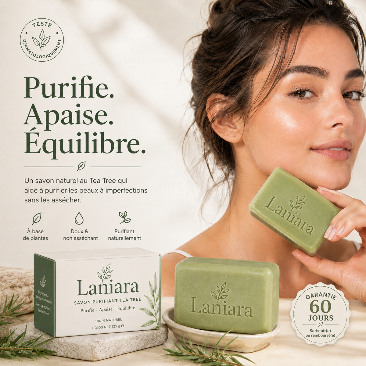 Savon Laniara au tea tree tenu contre la joue